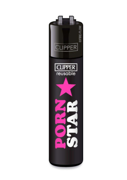 Porn star clipper leichter wiederbefüllbar schwarz mit pinkem stern und text in pink und weiß