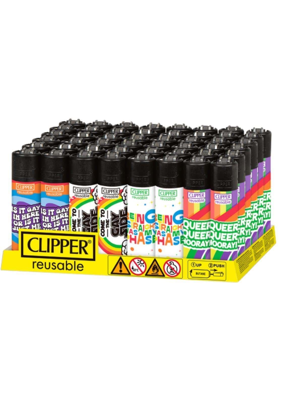 Ein vibrant set clipper feuerzeuge mit rainbow und lgbtq designs auf buntem plastik, ideal für gothic und dark fashion fans