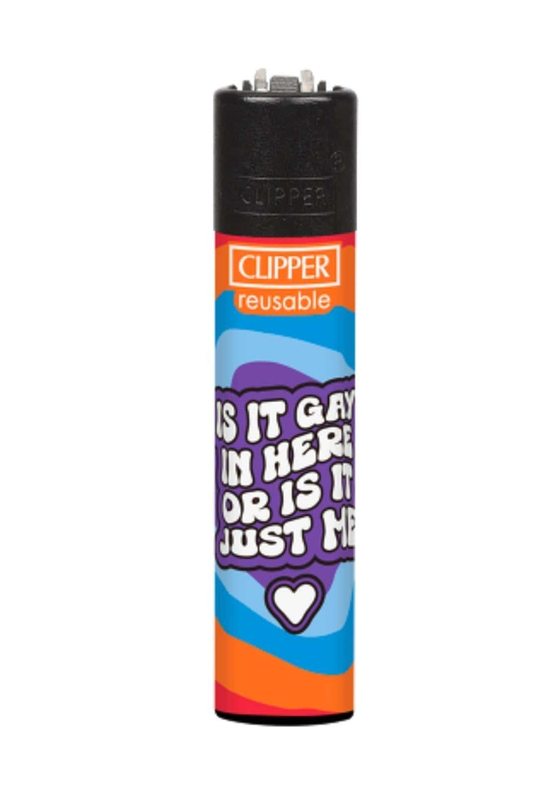 Ein buntes rainbow clipper feuerzeug mit spielerischem textdesign und weißem herz für gothic horror und dark fashion fans