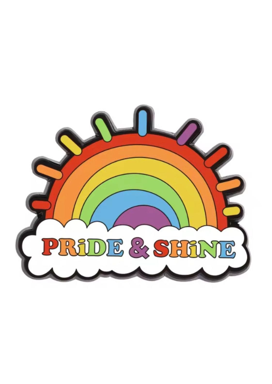 Regenbogen-Aufkleber mit buntem Farbverlauf und Wolkenhintergrund.