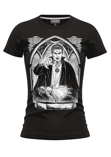 Schwarzes girlie-shirt prince of blood mit detailreichem count dracula grafik in strapazierfähigem stoff von easure