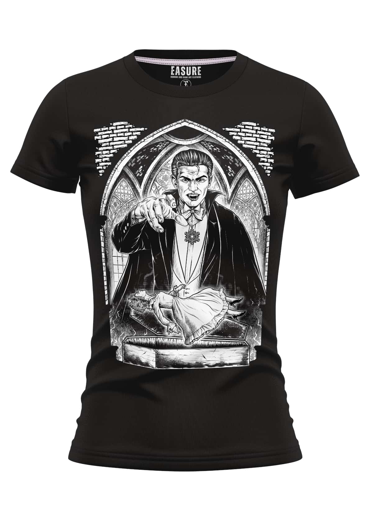 Schwarzes Girlie-Shirt mit Dracula-Motiv, strapazierfähiger Stoff