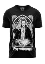 Schwarzes Gothic-T-Shirt PRINCE OF BLOOD mit Vampir-Motiv und Morph-Brand