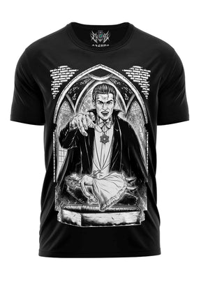 Schwarzes Gothic-T-Shirt PRINCE OF BLOOD mit Vampir-Motiv und Morph-Brand