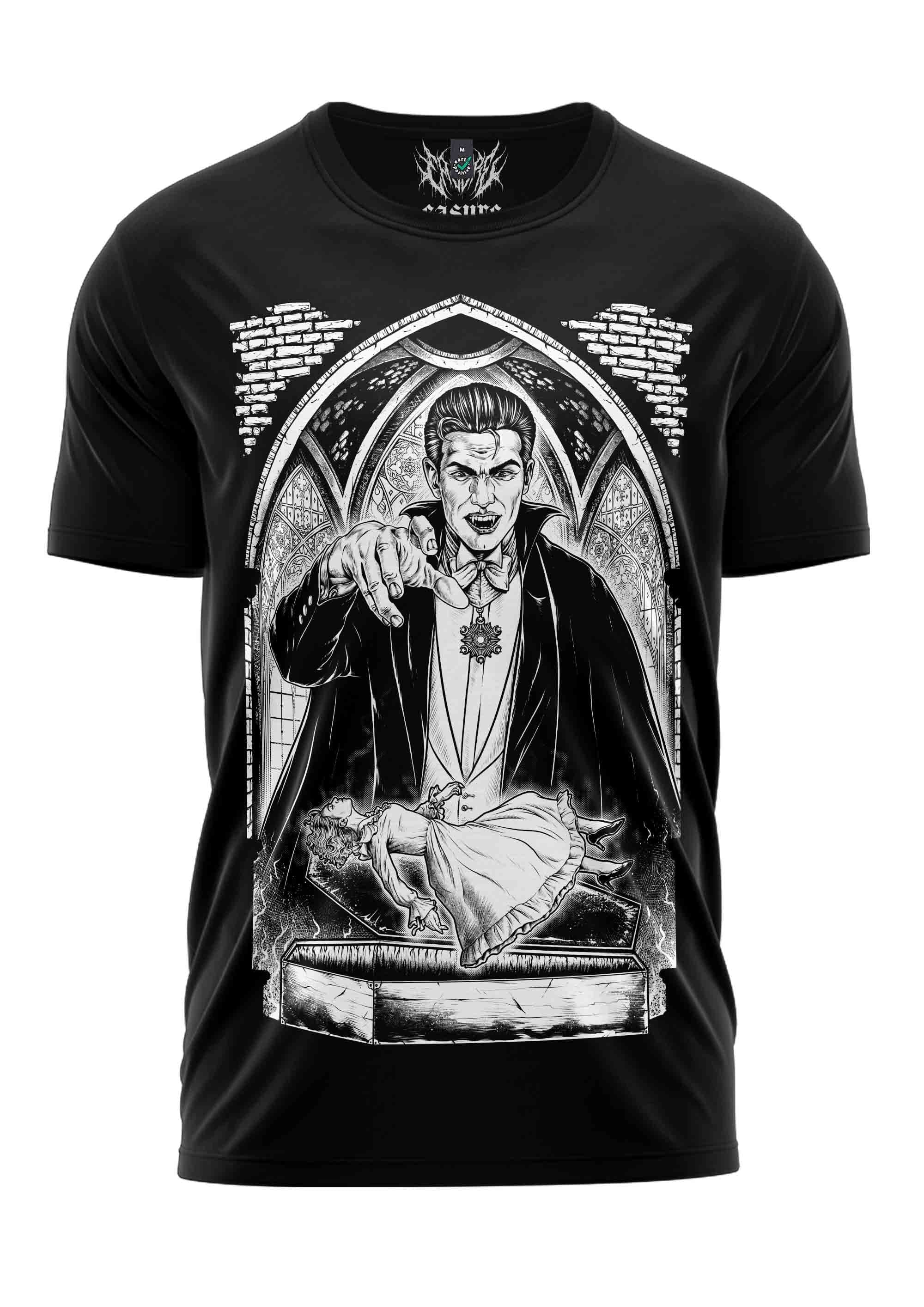 Schwarzes Gothic-T-Shirt PRINCE OF BLOOD mit Vampir-Motiv und Morph-Brand