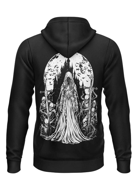 Schwarzer Kapuzenpulli mit Reißverschluss und weißer Grafik einer Frau und Skelettfiguren.
