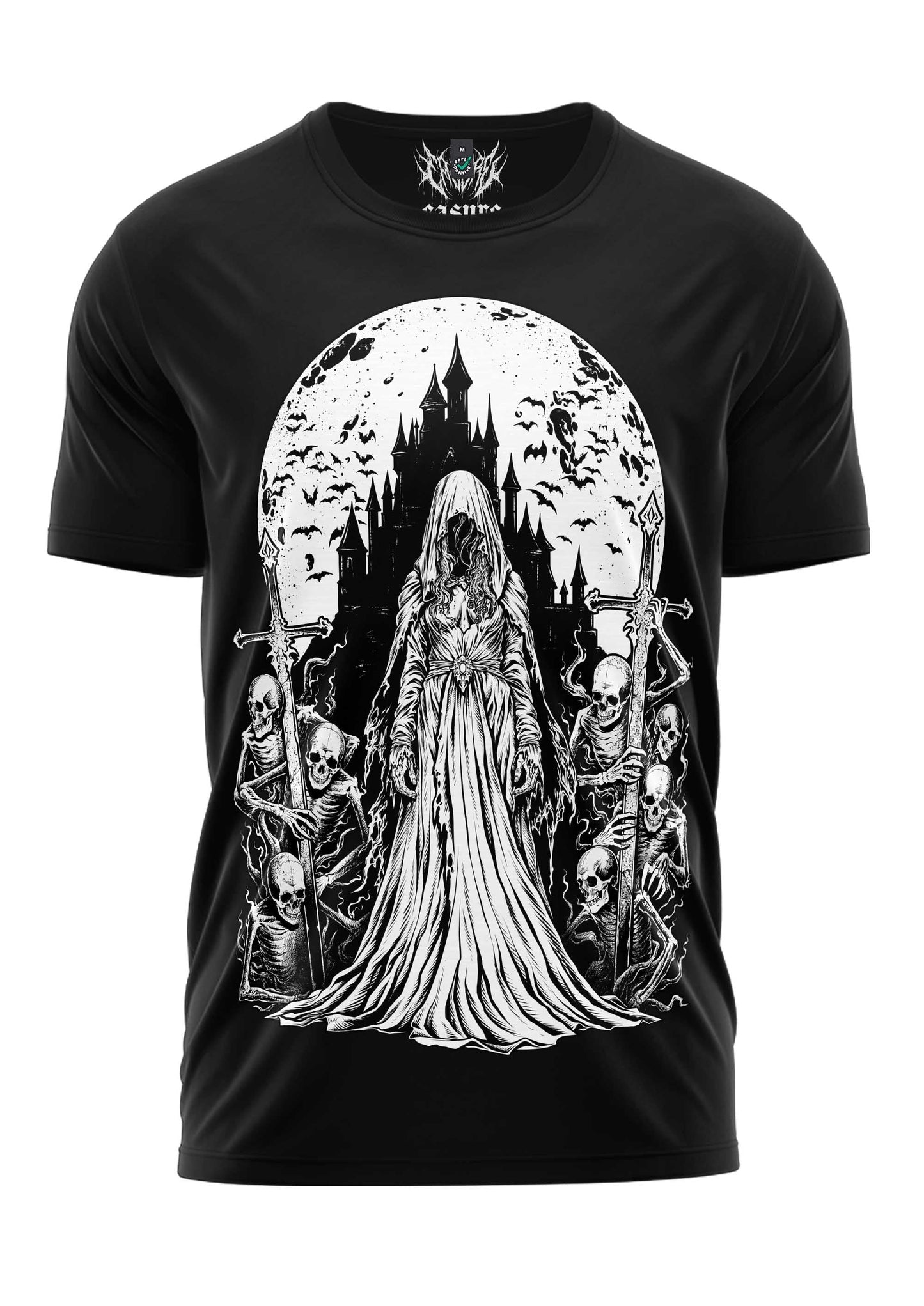 Schweres Unisex T-Shirt Princess of Death mit Kapuzenfigur, Skeletten und Mond