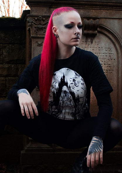 Schwarzes Unisex T-Shirt Princess of Death mit gotischem Schloss-Motiv