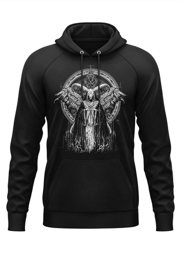 Schwarzer hoodie prophecy mit detaillierter weißer gothic grafik eines engels mit flügeln und hö rnern im emblem