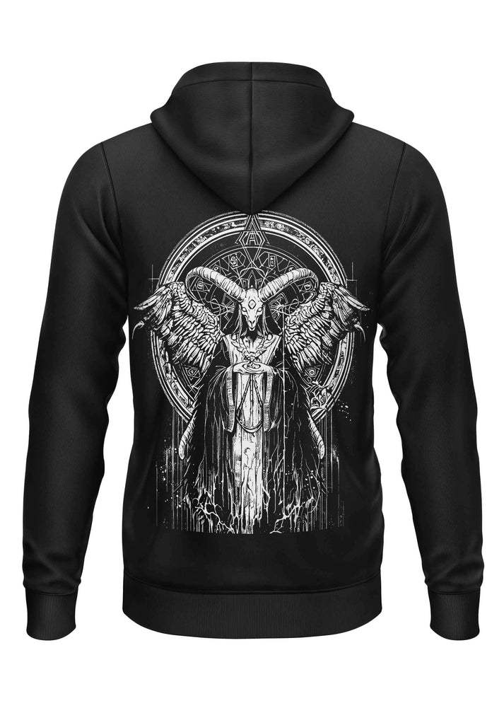 Schwarzer schwerer unisex-hoodie prophecy reißverschluss mit weißem engelziegenkopf-motiv und ornamentalem rahmen gaia licenced apparel