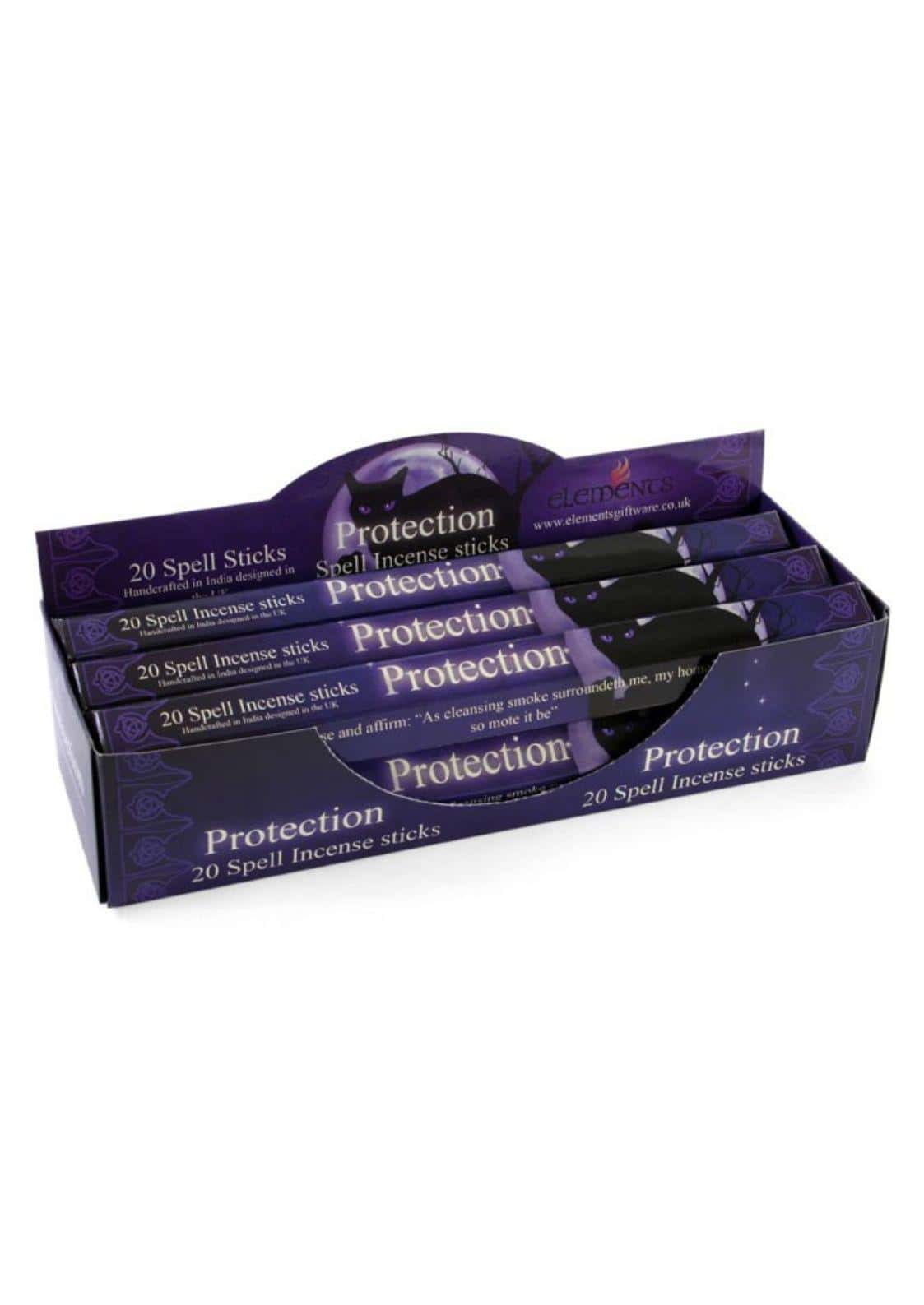 Lila karton mit 20 protection elements räucherstäbchen und schwarzen bündeln für schutzgebrauch