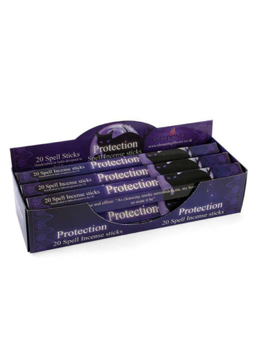 Lila karton mit 20 protection elements räucherstäbchen und schwarzen bündeln für schutzgebrauch