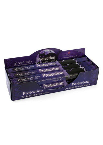 Lila karton mit 20 protection elements räucherstäbchen und schwarzen bündeln für schutzgebrauch