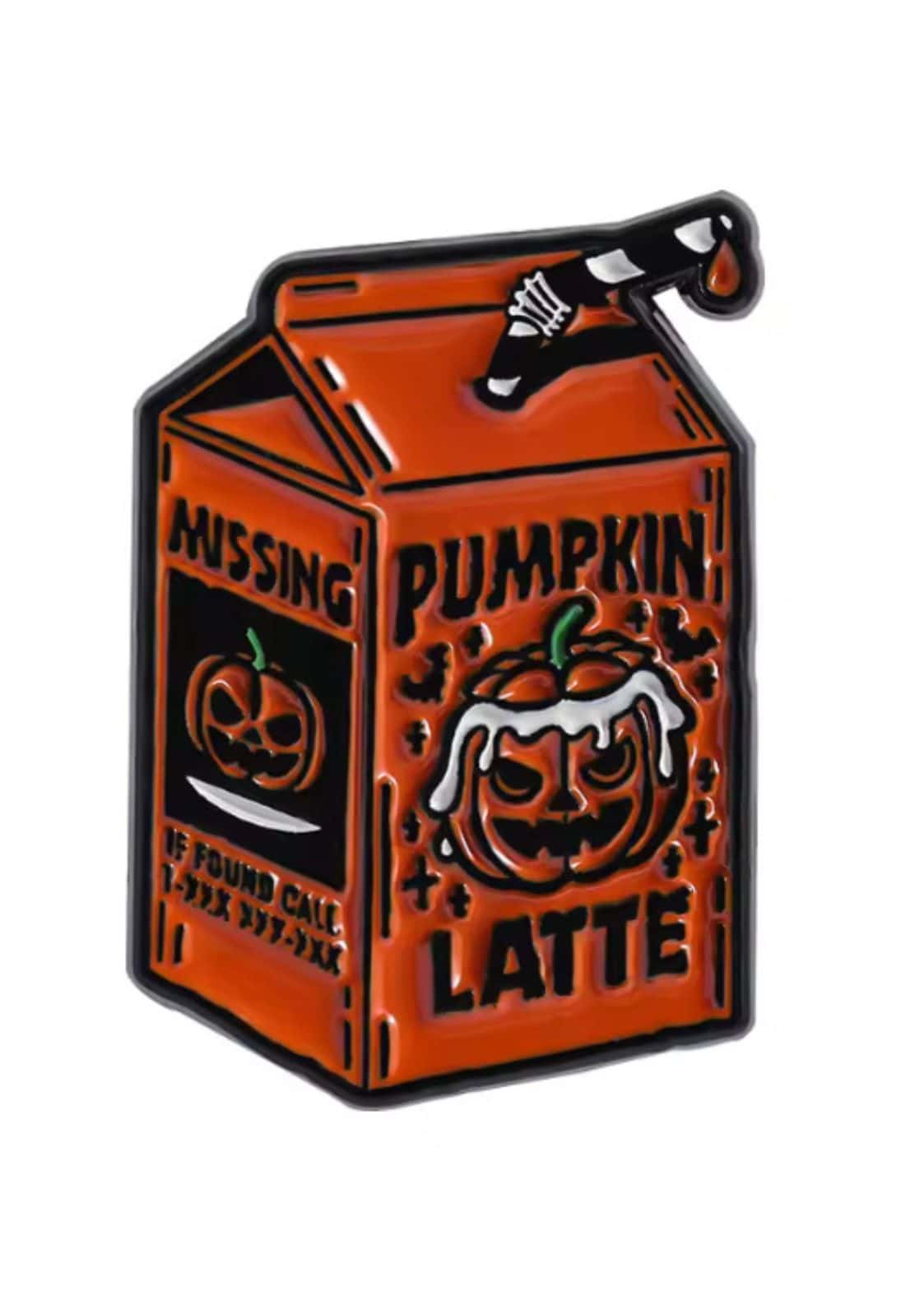 Kürbiskern-Latte-Emaille-Pin mit Jack-o’-Lantern-Design, orange-schwarzes Farbschema.