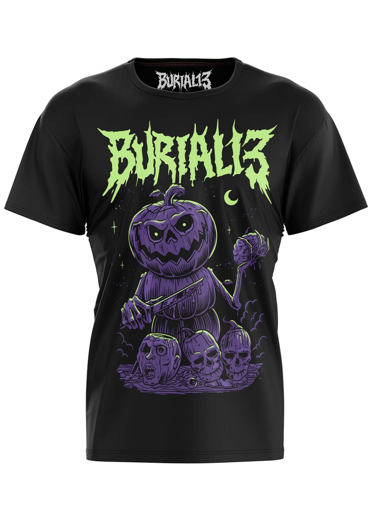 Schwarzes Kurzarm-T-Shirt mit lila Kürbismonster-Motiv.