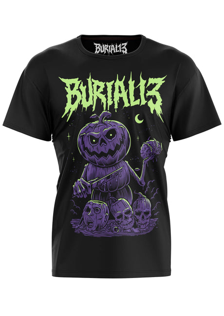Schwarzes Kurzarm-T-Shirt mit lila Kürbismonster-Motiv.