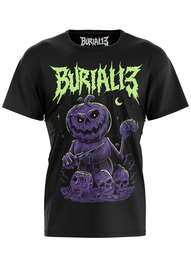 Schwarzes Kurzarm-T-Shirt mit lila Kürbismonster-Motiv.