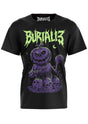 Schwarzes Kurzarm-T-Shirt mit lila Kürbismonster-Motiv.