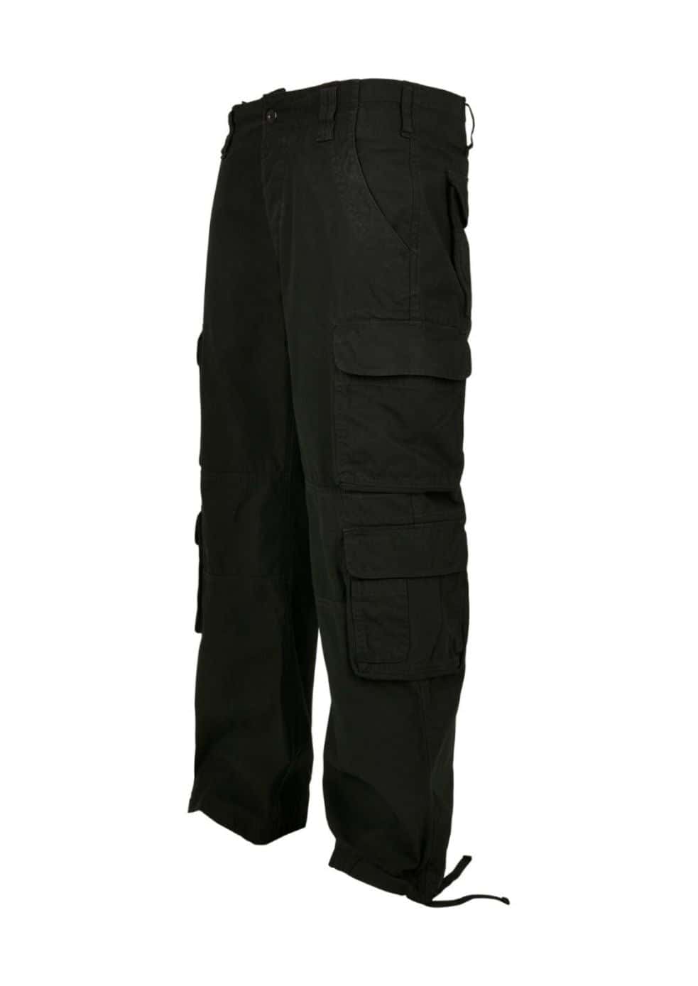 Schwarze Cargohosen mit mehreren Taschen und einer Kordel an der Taille.