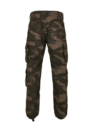 Dunkelgrüne und braune Tarn-Cargohosen mit mehreren Taschen.