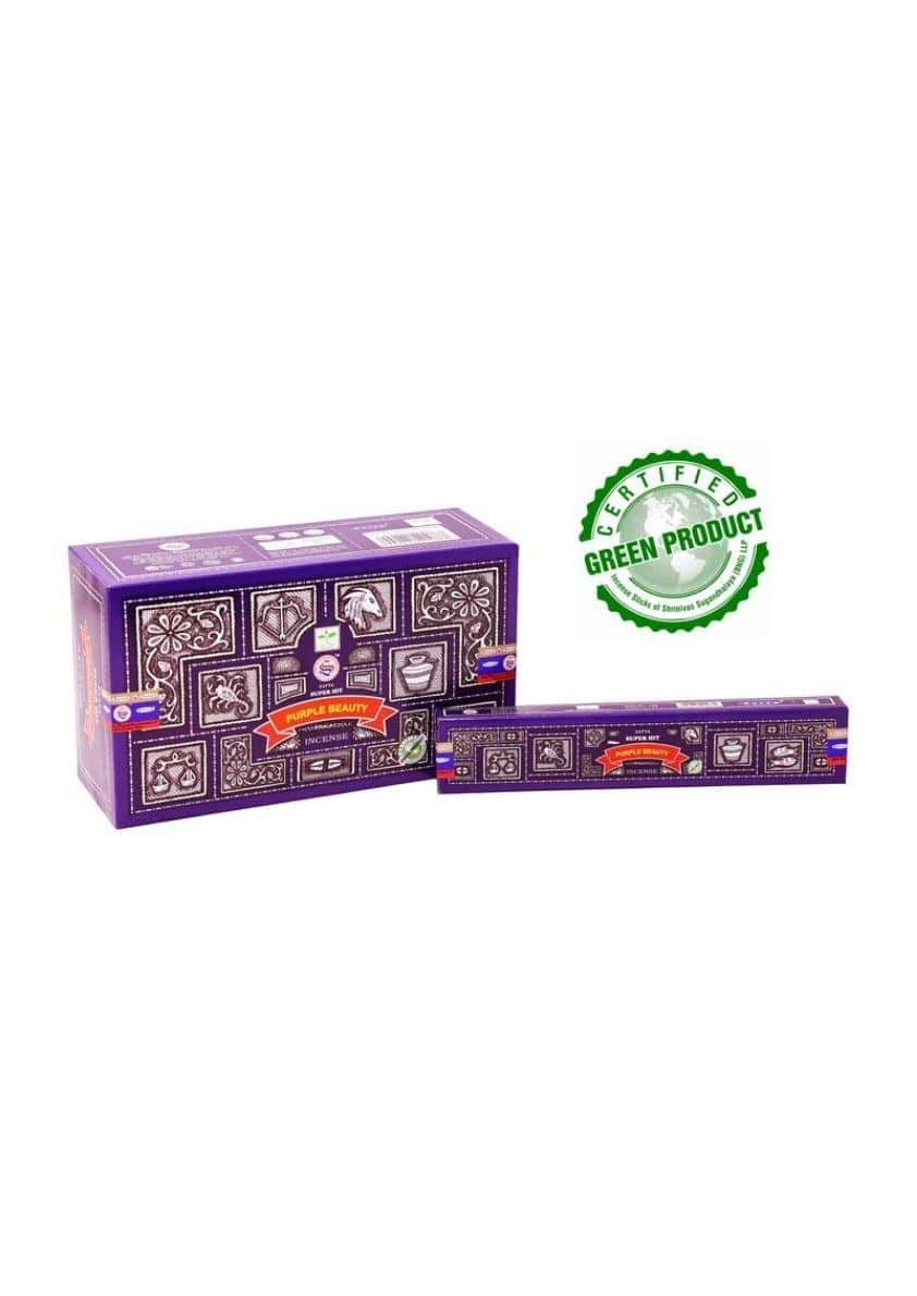Purple beauty räucherstäbchen in einer violetten box mit schwarzen und goldenen mustern für gothic und dark fashion fans