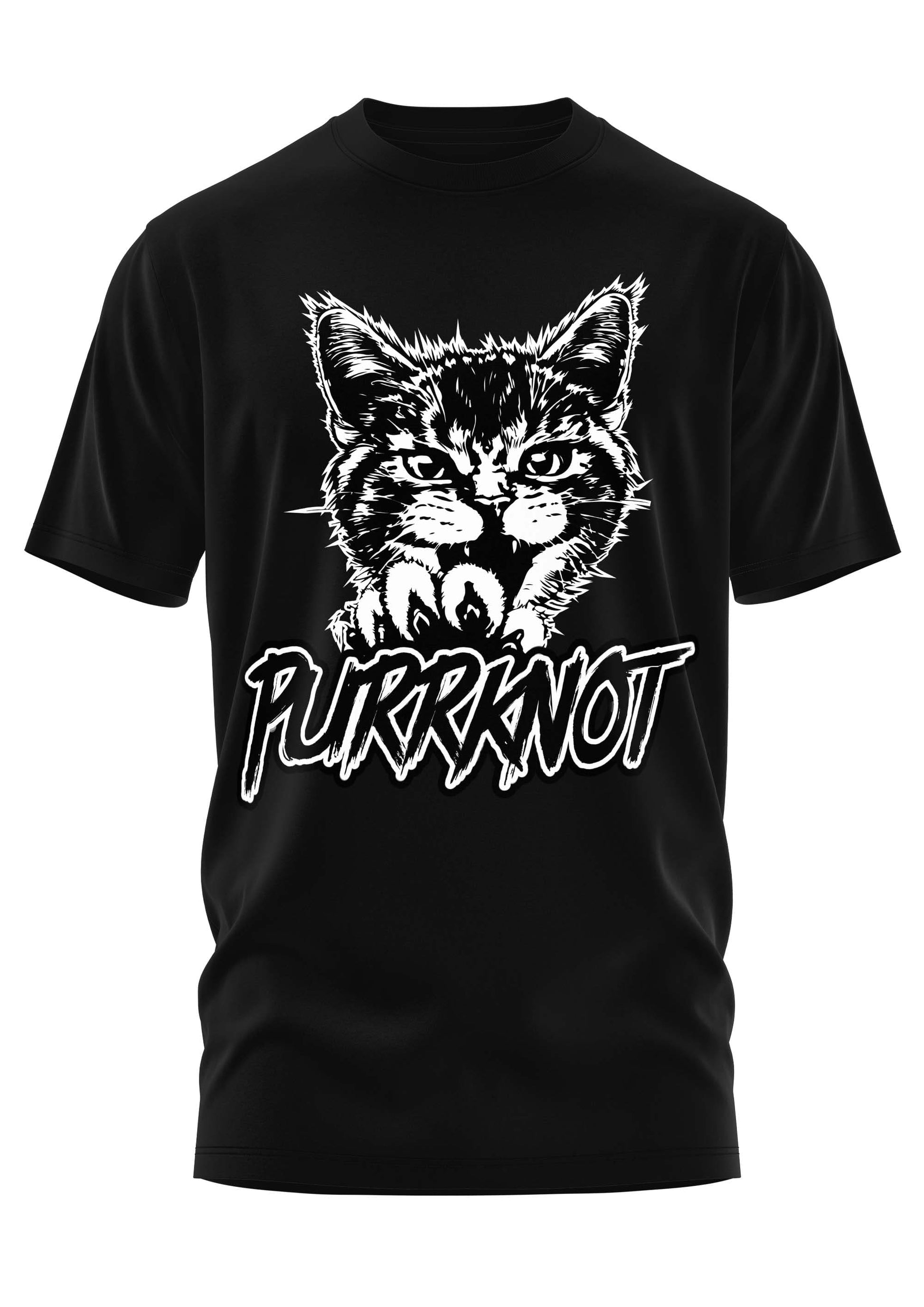 Schwarzes Gothic-Metal T-Shirt PURRKNOT mit wütender Katze und Purrknot