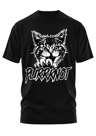Schwarzes kurzarmshirt mit gothic horror motiv einer wütenden katze und dem schriftzug purrknot von bitte