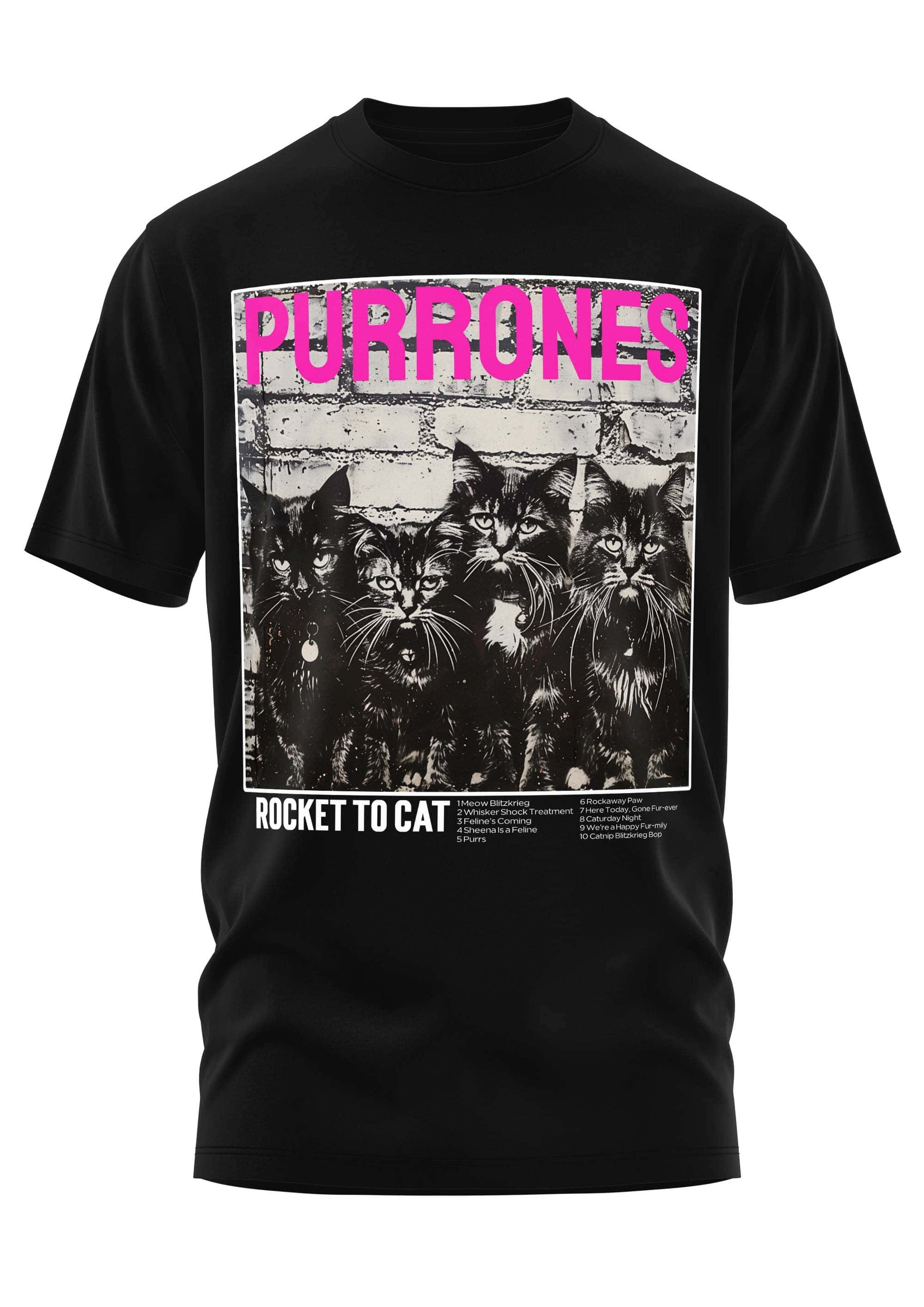 Schwarzes cotton t-shirt mit gothic horror design fünf katzen schwarzweiß und pinkem schriftzug purrones