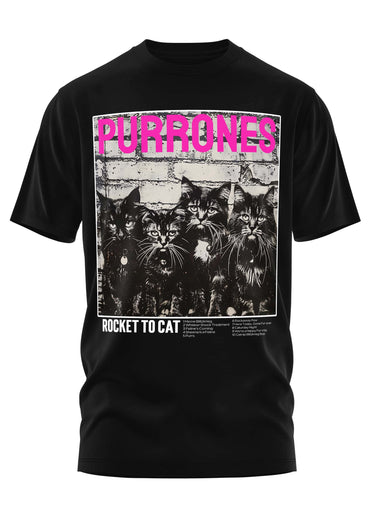 Schwarzes cotton t-shirt mit gothic horror design fünf katzen schwarzweiß und pinkem schriftzug purrones