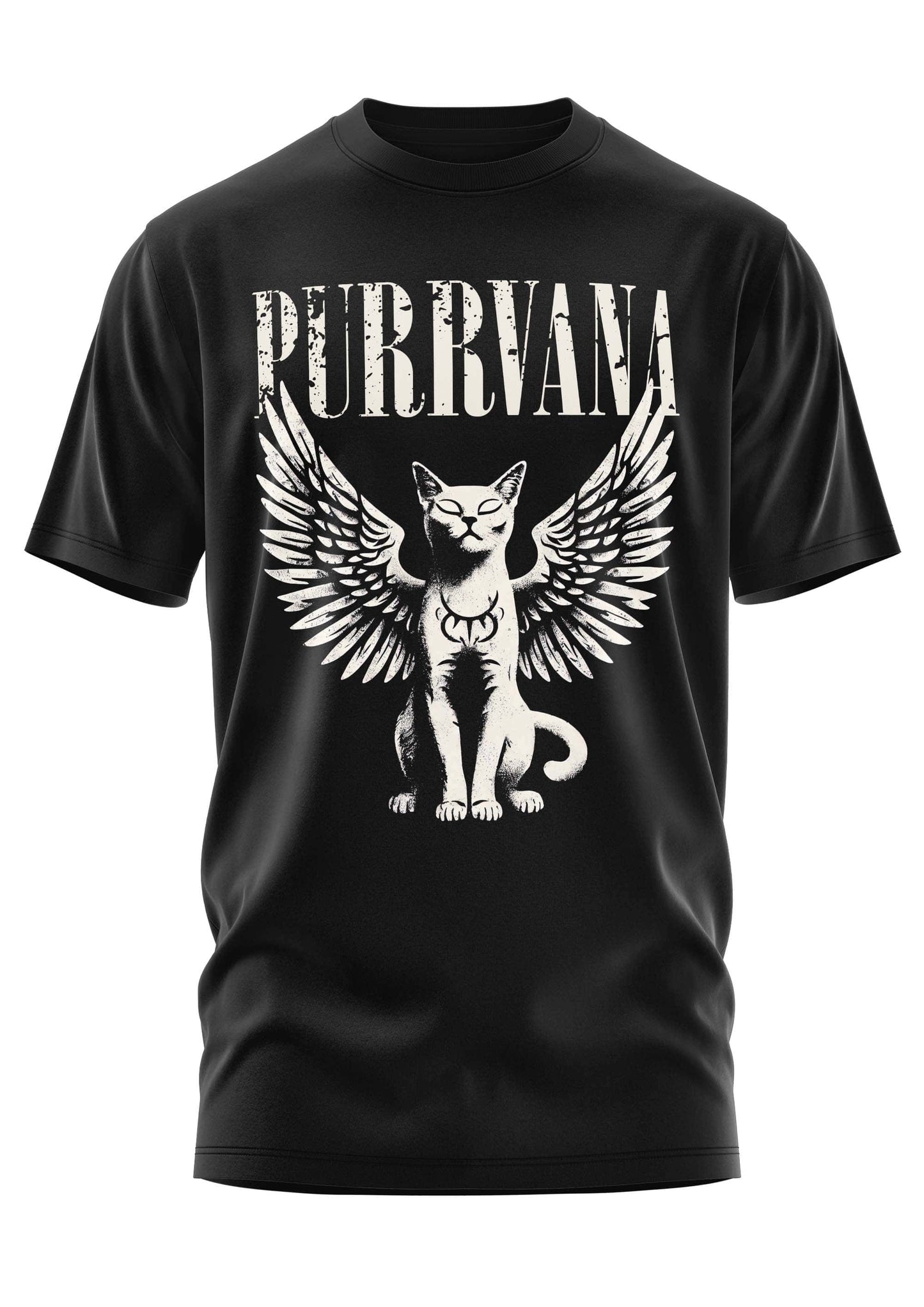 Schwarzes gothic kurzarmshirt mit weißem purrvana winged cat grafikdesign für horror fans