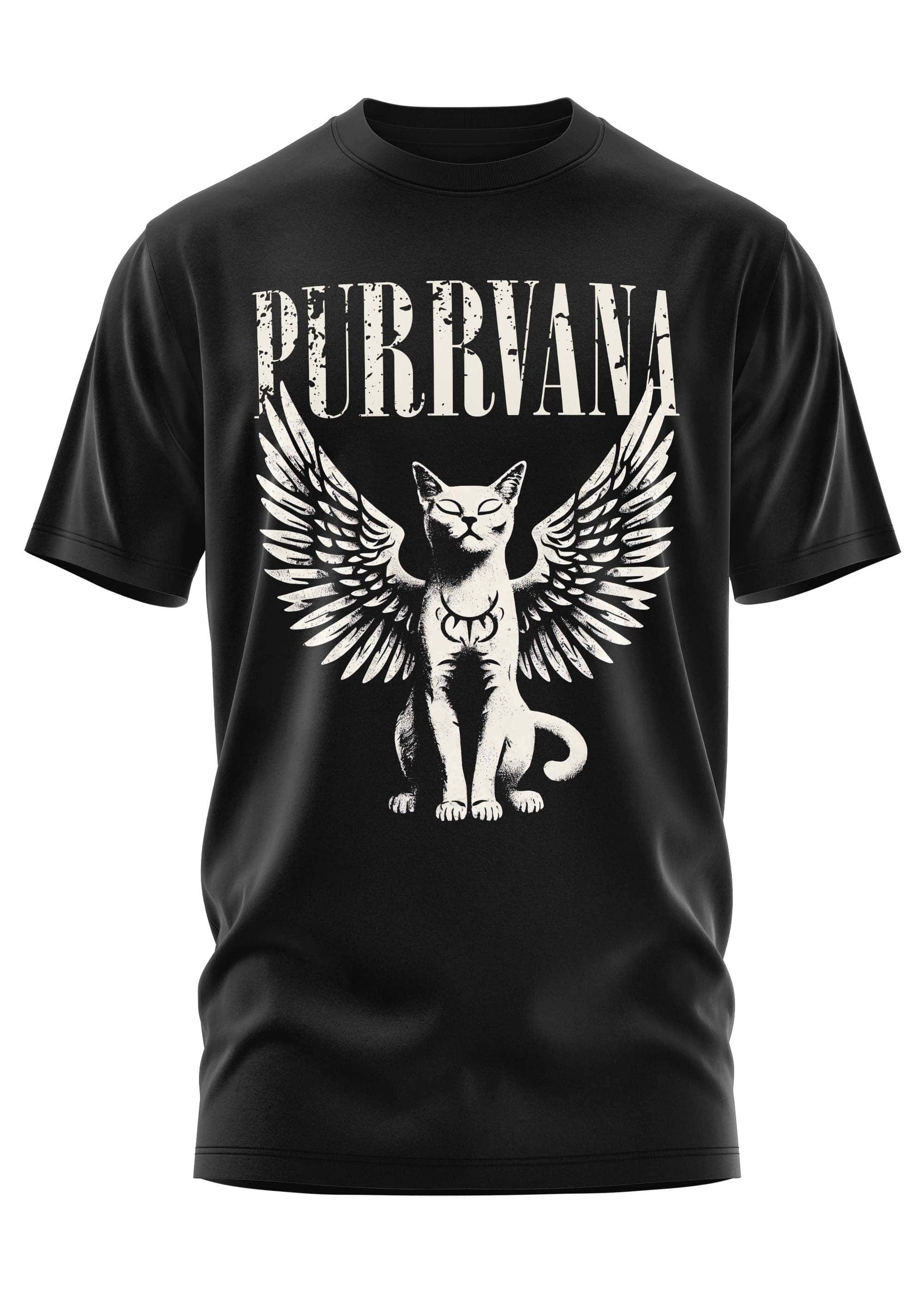Schwarzes gothic kurzarmshirt mit weißem purrvana winged cat grafikdesign für horror fans