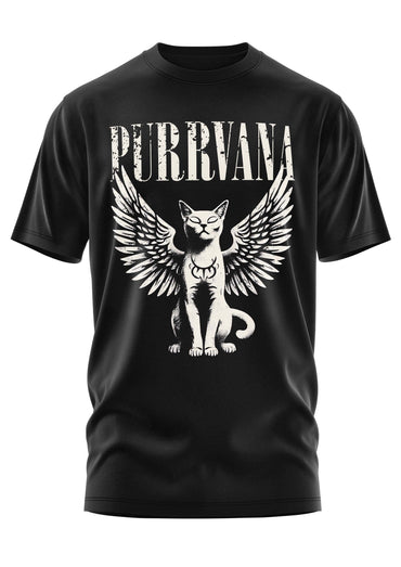 Schwarzes gothic kurzarmshirt mit weißem purrvana winged cat grafikdesign für horror fans
