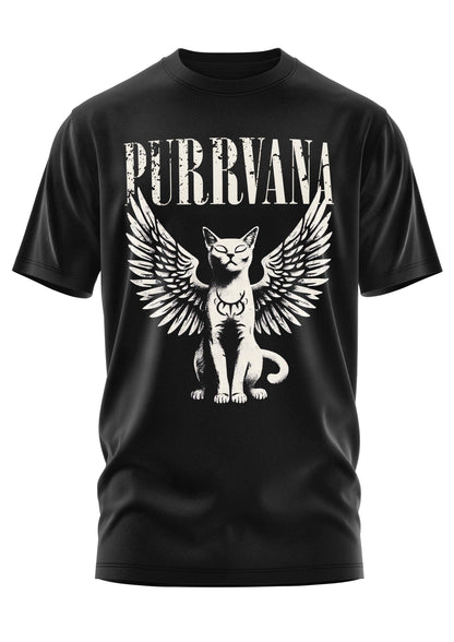 Schwarzes gothic kurzarmshirt mit weißem purrvana winged cat grafikdesign für horror fans