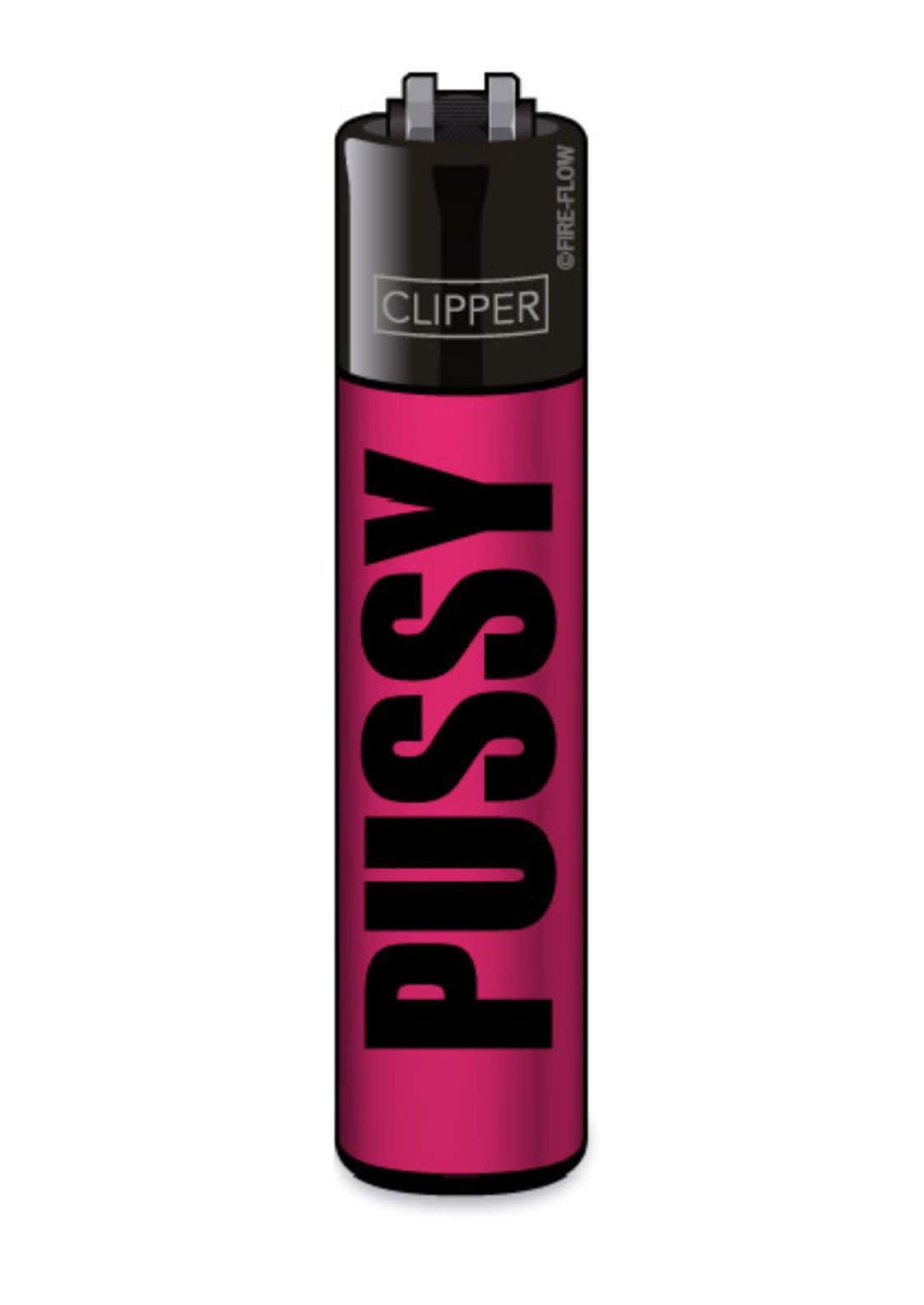 Ein pinker clipper feuerzeug mit provokativem design und dem schriftzug pussy, perfekt für den alltag