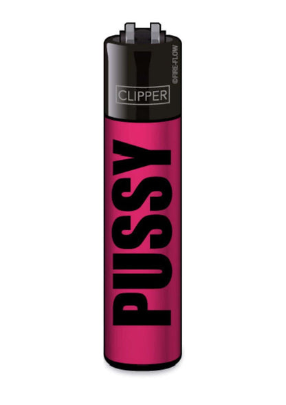 Ein pinker clipper feuerzeug mit provokativem design und dem schriftzug pussy, perfekt für den alltag