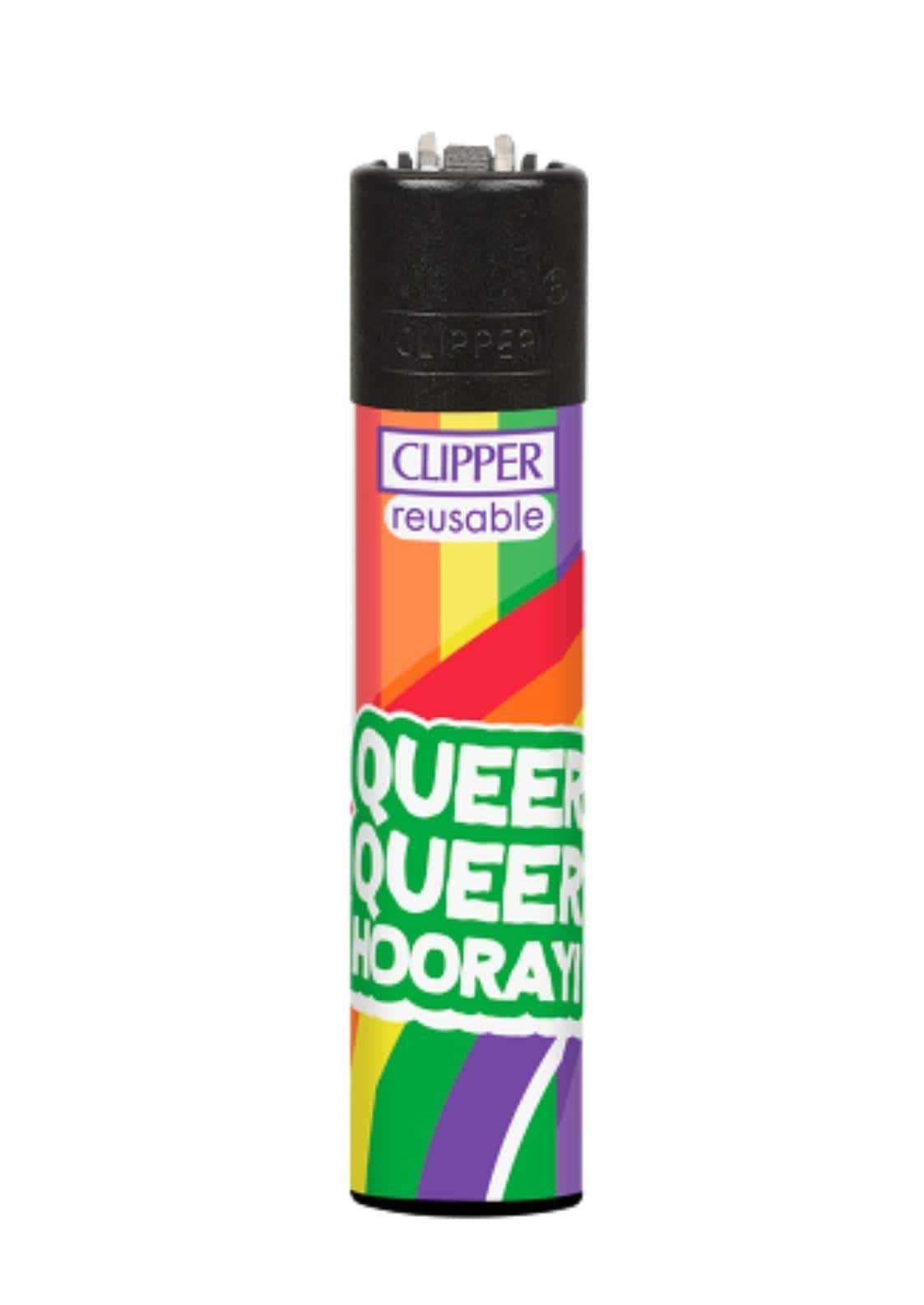 Vibrantes rainbow-patterned clipper lighter nachfüllbar mit queer queer hooray text im comic design von batsquirrel