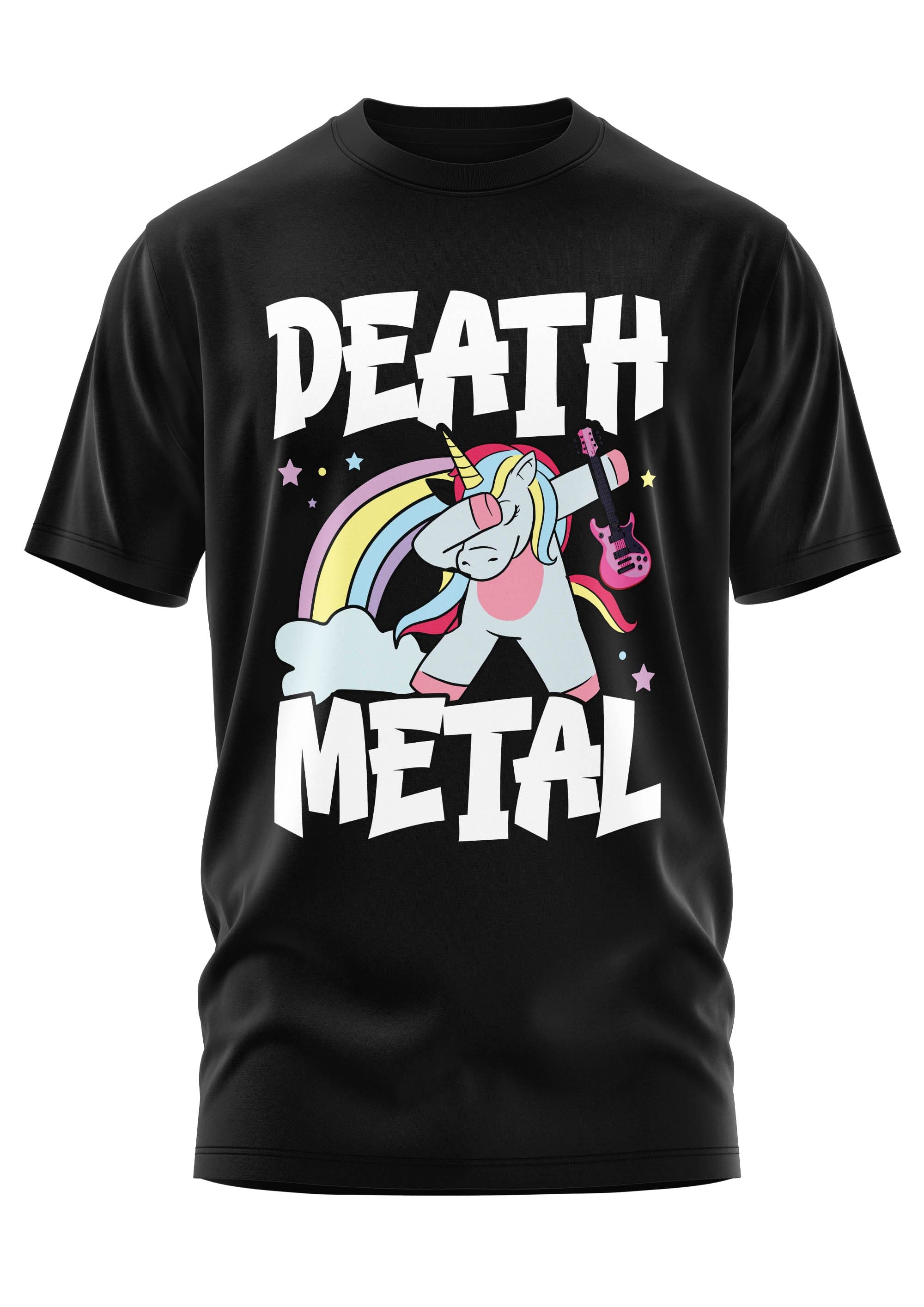 Schwarzes T-Shirt mit einem tupfenden Einhorn und der Grafik ’Death Metal’.