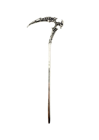 Silberne reaper haarklammer aus edelstahl mit schädel und gebogenem klingen design