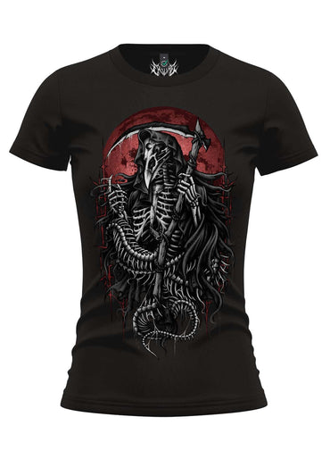 Schwarzes reaperbird girlie shirt mit detailliertem grim reaper grafik und rotem kreisförmigem hintergrund in gothic fashion