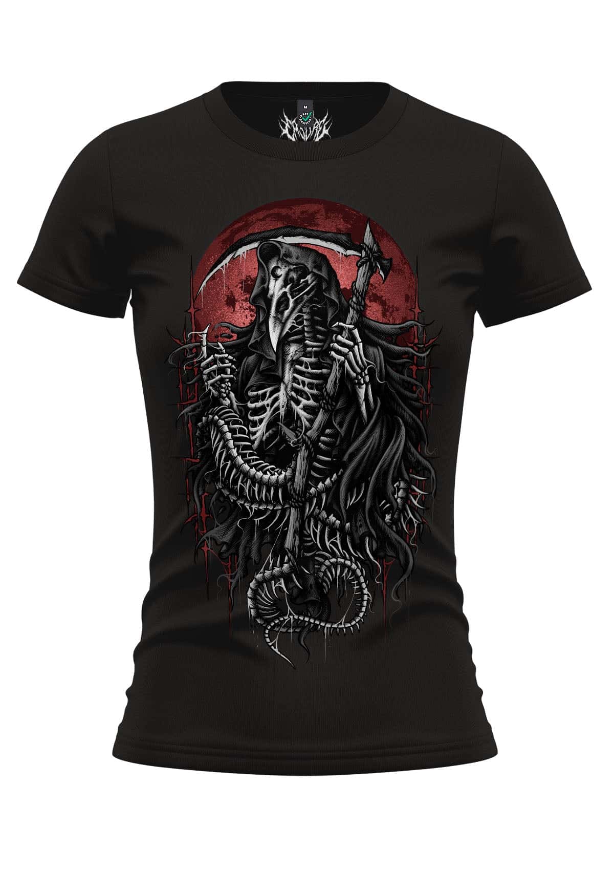 Schwarzes reaperbird girlie shirt mit detailliertem grim reaper grafik und rotem kreisförmigem hintergrund in gothic fashion