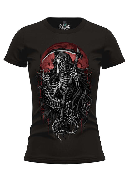 Schwarzes reaperbird girlie shirt mit detailliertem grim reaper grafik und rotem kreisförmigem hintergrund in gothic fashion