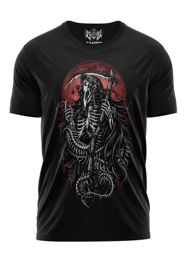 Schwarzes kurzarmshirt reaperbird mit detailliertem gothic horror grimm reaper grafik und rotem kreisdesign