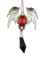 Gotisches Fledermausflügel-Halskette mit rotem Edelstein und schwarzem Kristallanhänger.