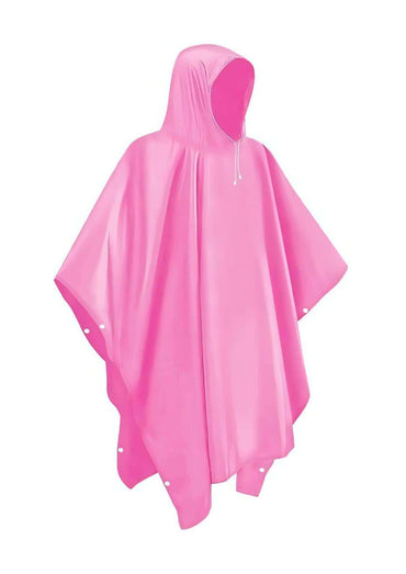 Ein glänzender pinker regenponcho mit kapuze und weißen kordeln, perfekt für gothic kleidung und horror looks