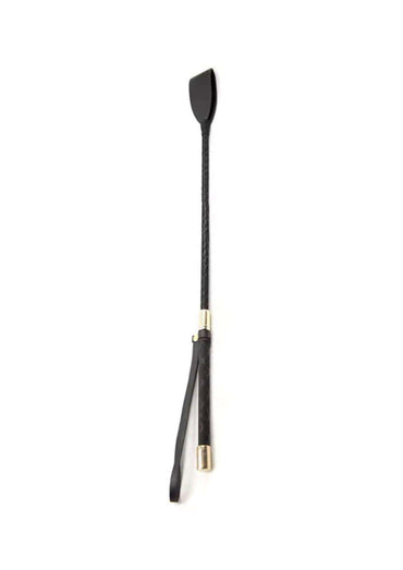 Reitgerte mit schlaufe aus schwarzem leder mit goldenen metallakzenten im griff für gothic und dark fashion fans