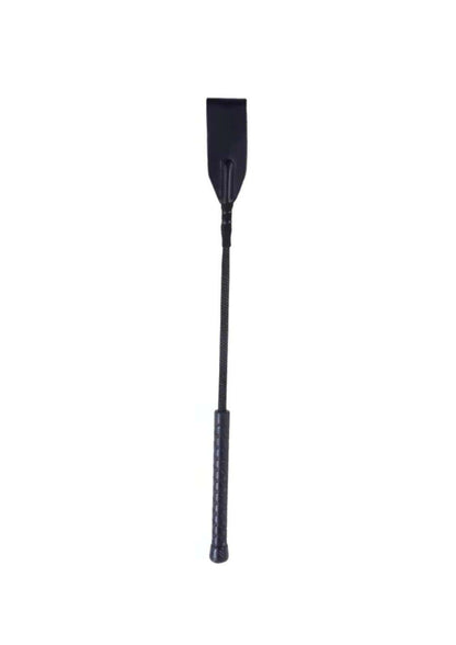 Schwarze lederreitgerte mit strukturiertem griff und geflochtenem kordelband ideal für gothic kleidung und horror styles