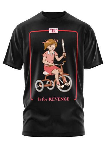 Schwarzes cotton t-shirt mit gothic cartoon eines mädchens in pink auf dreirad mit messer für revenge shirt