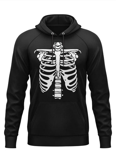 Schwarzer hoodie mit weißem skelett-rippenfell vorne gothic horror streetwear bitte design