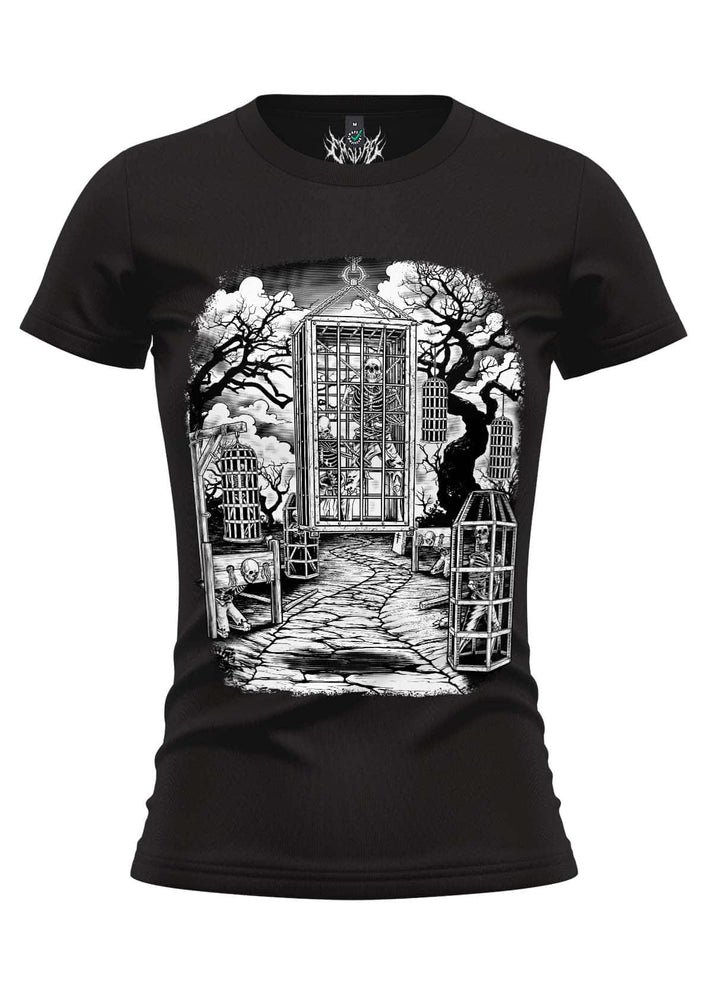 Schwarzes gothic girl t-shirt road to death mit detailliertem schwarz-weiß grafik mystische reise gaia lizenzierte kleidung