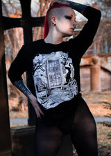 Schwarzes Langarm-Sweatshirt ROAD TO DEATH mit weißem Glasorangerie-Print, gaia lizenzierte Bekleidung, langlebiger Digitaldruck